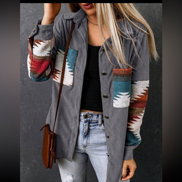 Cozy Boho Aztec Print Corduroy Pocket Jacket Shacket Button Down Shirt - Picture 6 of 6